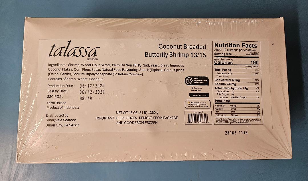 13-15ct Jumbo Breaded Fantail Coconut Shrimp - 3lb. Box