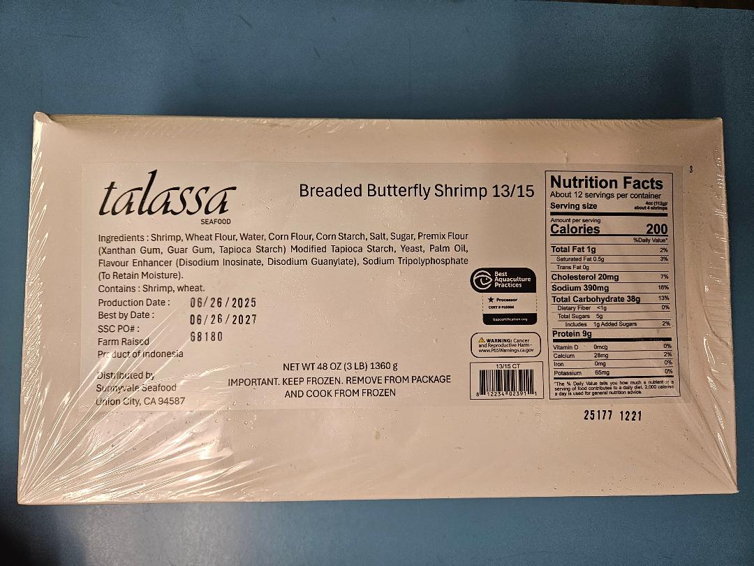 13-15ct Jumbo Raw Breaded Fantail Shrimp - 3 lb. Box